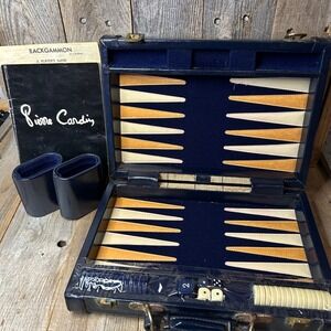 Vintage Pierre Cardin Backgammon Set Leather & Velvet Navy Blue Plaid Case